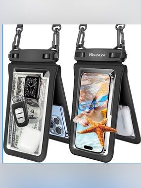 Niveaya Waterproof Cell Pouches 8.3" Med Black Double Space Beach,Cruise,Kayak